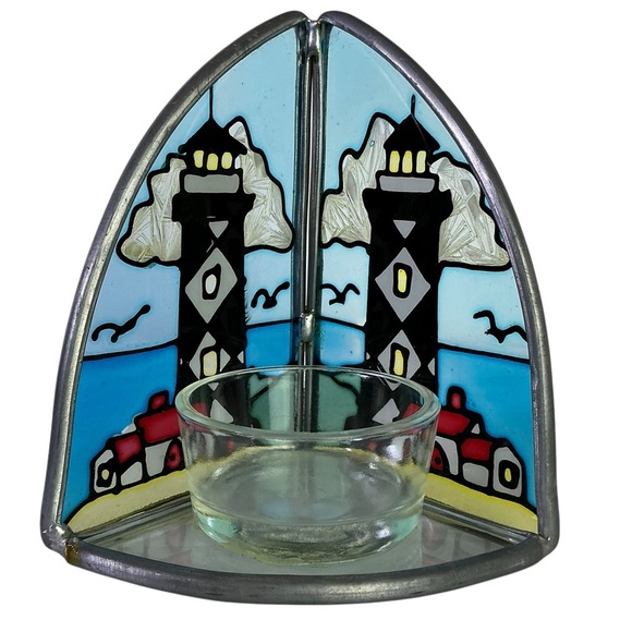 Lighthouse Stained Glass Candle Holder Vintage Painted Glass Art Piece - Picture 3 of 16